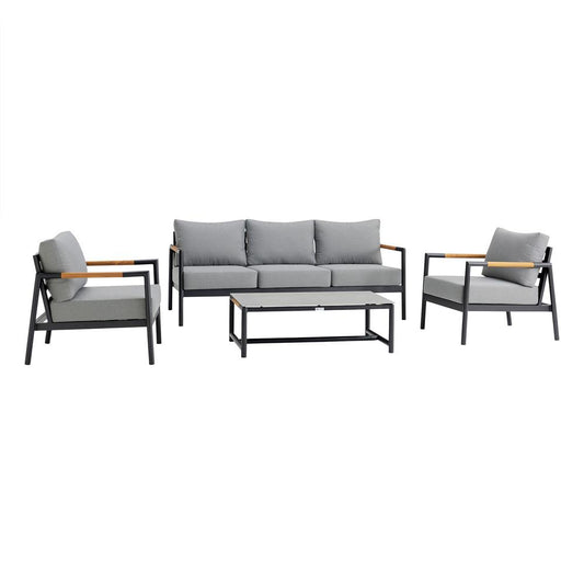 Armen Living - Crown 4 Piece Black Aluminum and Teak Outdoor Seating Set with Dark Gray Cushions - SETODCRBL veiw 1