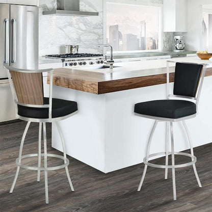 Armen Living - Delhi 26in Counter Height Metal Barstool in Gray Faux Leather with Brushed Stainless Steel Finish and Walnut Veneer Back - LCDEBAGRBS26 - CLOSEOUT veiw 5