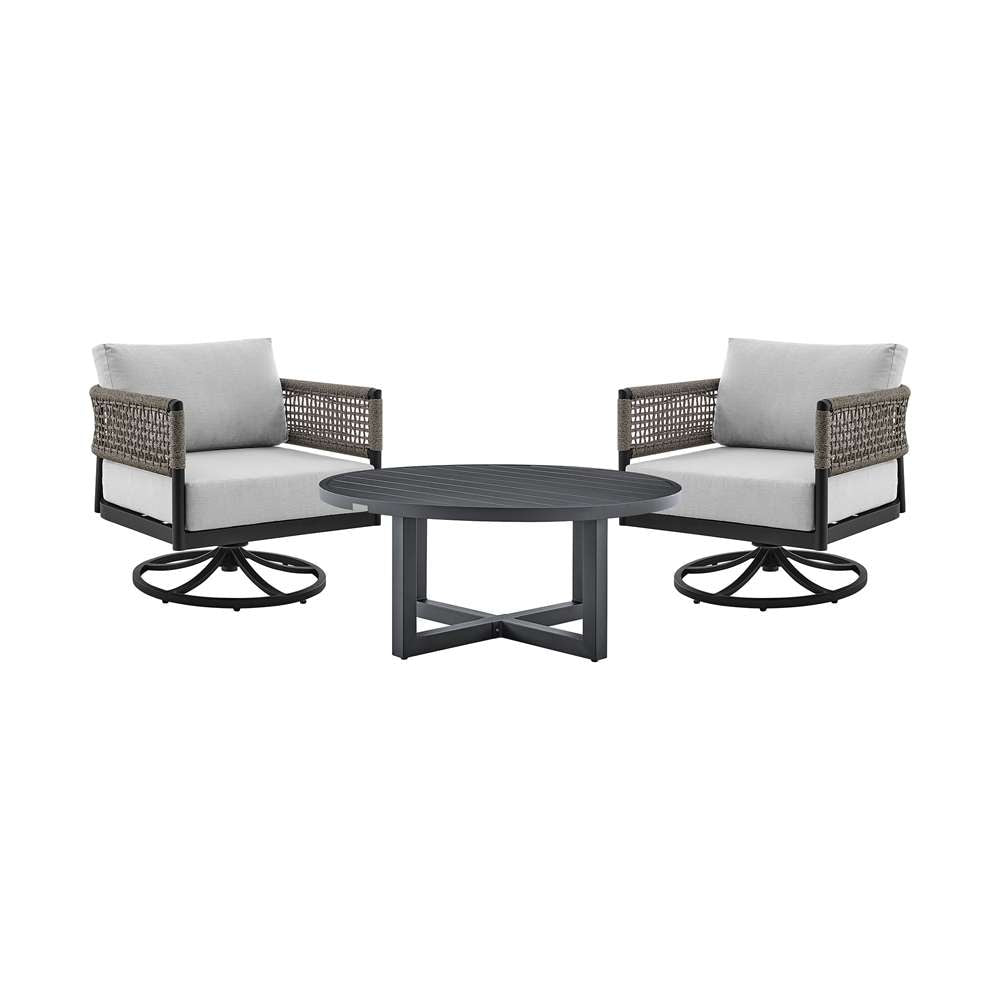 Armen Living - Felicia and Argiope 3 Piece Patio Outdoor Swivel Seating Set in Black Aluminum with Grey Rope and Cushions - 840254332621 veiw 1