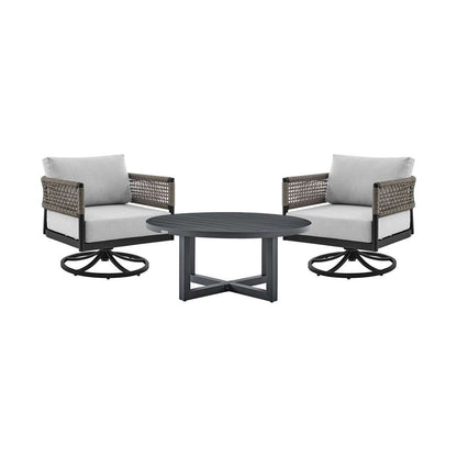 Armen Living - Felicia and Argiope 3 Piece Patio Outdoor Swivel Seating Set in Black Aluminum with Grey Rope and Cushions - 840254332621 veiw 1