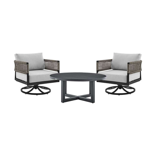 Armen Living - Felicia and Argiope 3 Piece Patio Outdoor Swivel Seating Set in Black Aluminum with Grey Rope and Cushions - 840254332621 veiw 1
