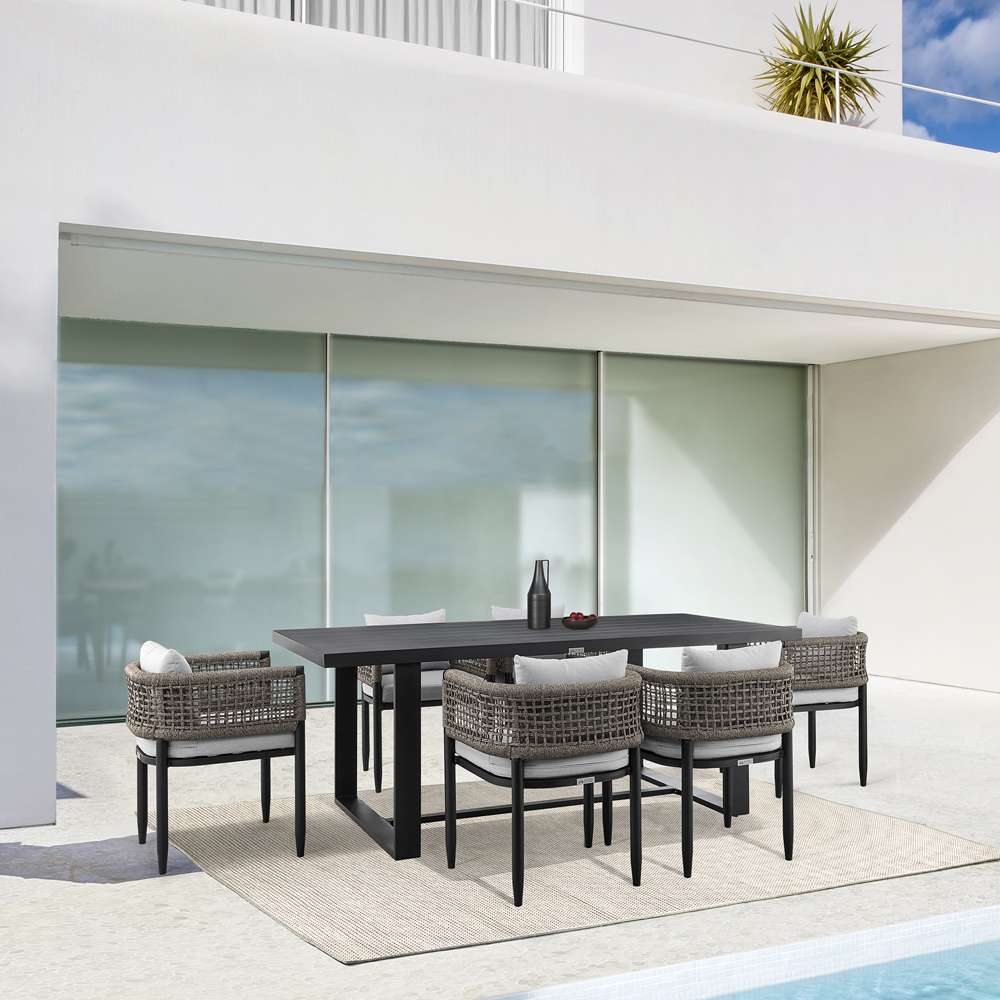 Armen Living - Felicia Outdoor Patio 7-Piece Dining Table Set in Aluminum with Grey Rope and Cushions - 840254333307 veiw 8