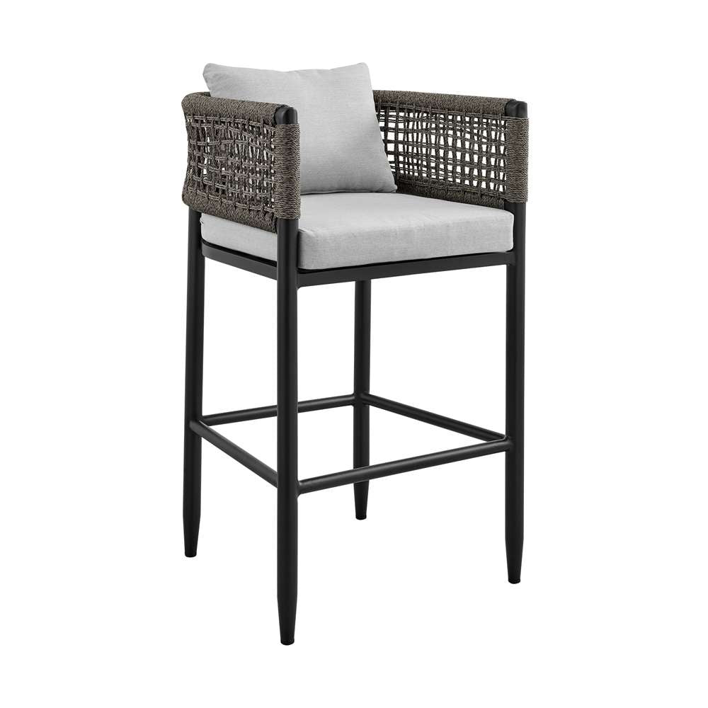 Armen Living - Felicia Outdoor Patio Bar Stool in Aluminum with Grey Rope and Cushions - 840254333116 veiw 1
