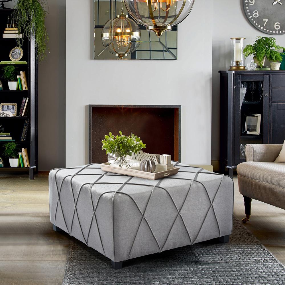 Armen Living - Gemini Contemporary Ottoman in Silver Linen with Piping Accents and Wood Legs - LCGMOTSLV - CLOSEOUT veiw 3