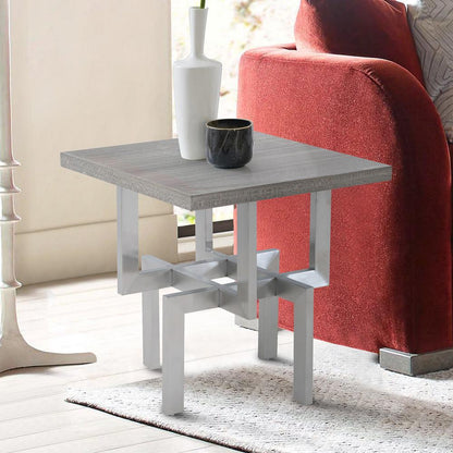 Armen Living - Illusion Gray Wood End Table with Brushed Stainless Steel Base - LCILLABSGR veiw 3