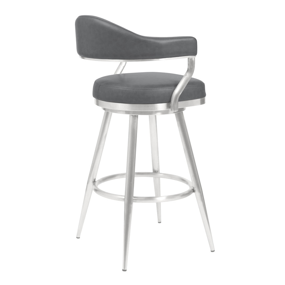 Armen Living - Justin 26in Counter Height Swivel Vintage Grey Faux Leather Bar Stool with Brushed Stainless Steel Legs - LCJTBABSVG26 veiw 2