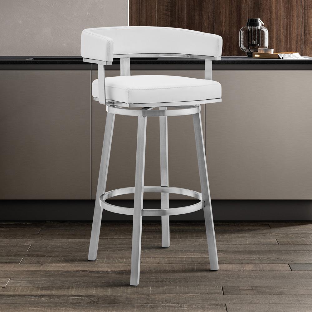 Armen Living  - Lorin 30in White Faux Leather and Brushed Stainless Steel Swivel Bar Stool - LCLRBABSWH30 veiw 8