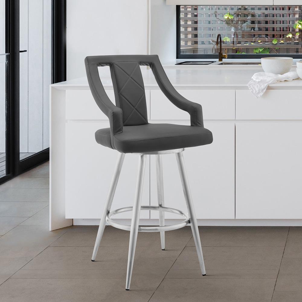 Armen Living - Maxen 30in Gray Faux Leather and Brushed Stainless Steel Swivel Bar Stool - LCMXBABSGR30_CLOSEOUT veiw 7
