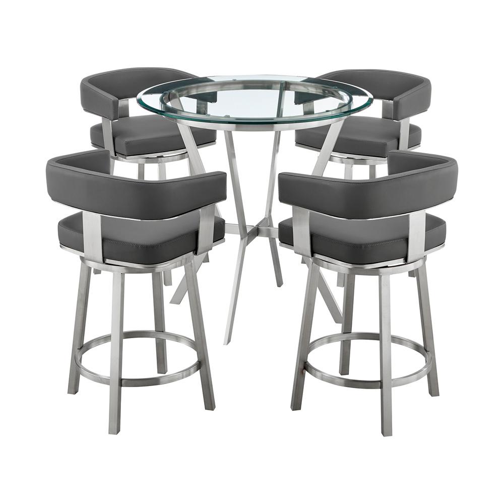 Armen Living - Naomi and Lorin 5-Piece Counter Height Dining Set in Brushed Stainless Steel and Grey Faux Leather - SETNMLRGRBS5 veiw 1