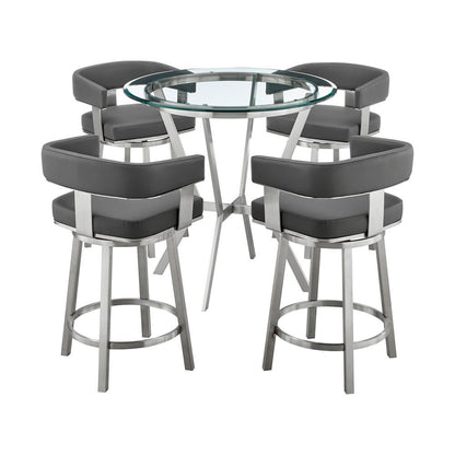 Armen Living - Naomi and Lorin 5-Piece Counter Height Dining Set in Brushed Stainless Steel and Grey Faux Leather - SETNMLRGRBS5 veiw 1