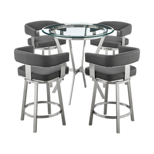Armen Living - Naomi and Lorin 5-Piece Counter Height Dining Set in Brushed Stainless Steel and Grey Faux Leather - SETNMLRGRBS5 veiw 1
