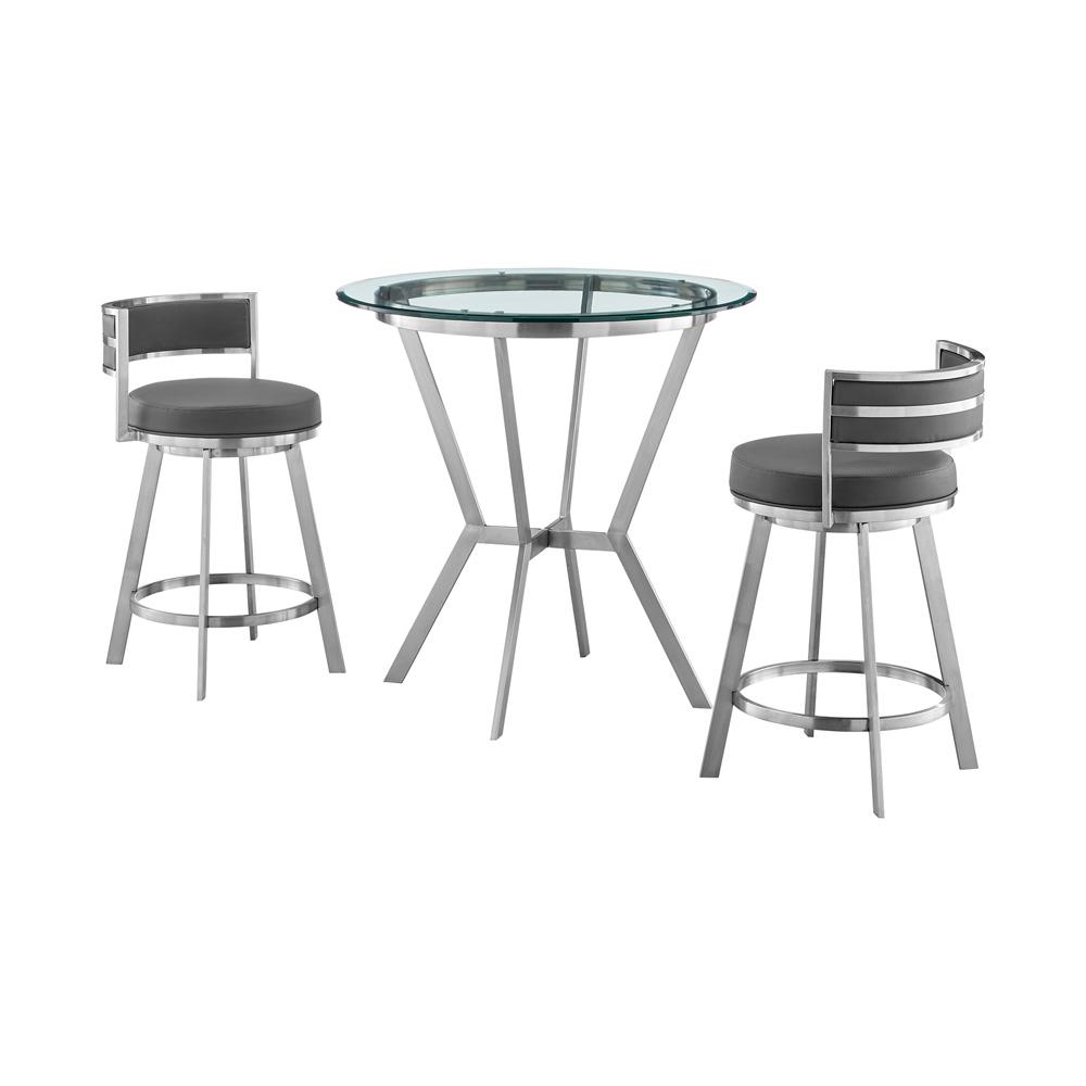 Armen Living - Naomi and Roman 3-Piece Counter Height Dining Set in Brushed Stainless Steel and Grey Faux Leather - SETNMRMGRBS3 veiw 1