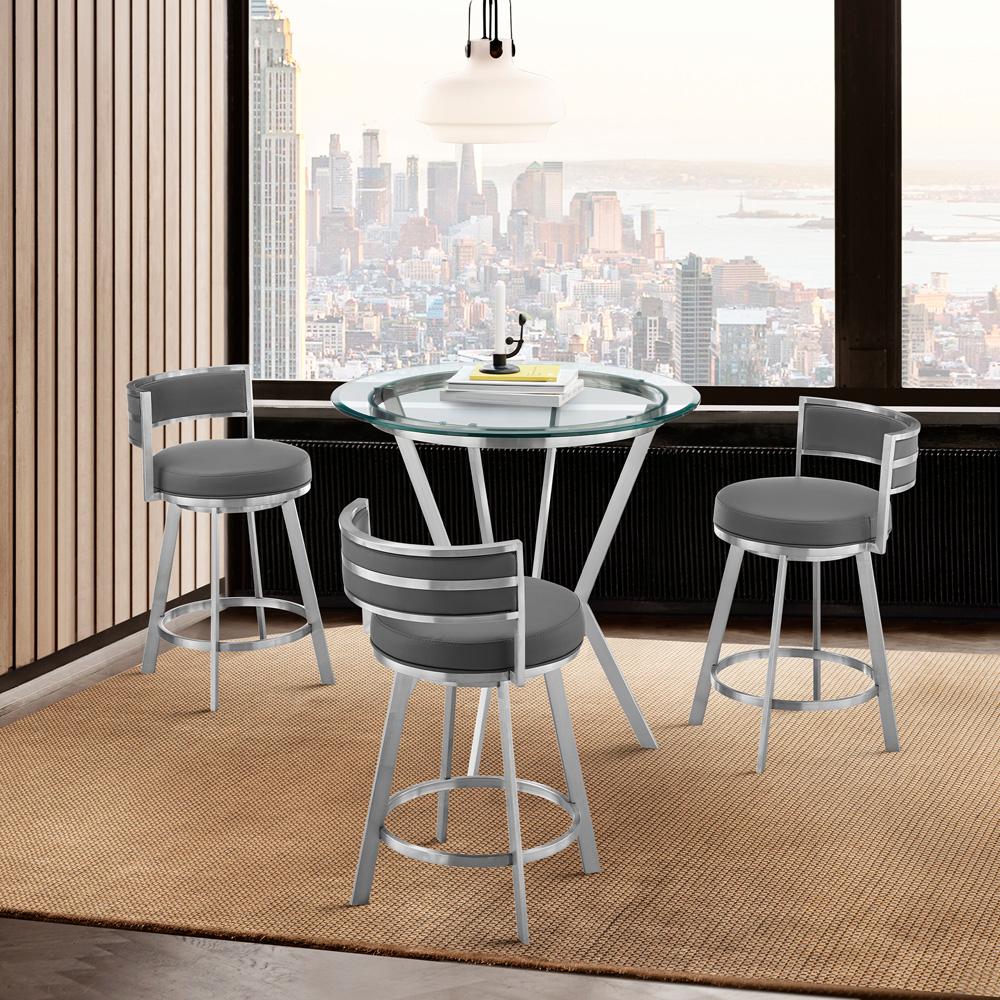 Armen Living - Naomi and Roman 4-Piece Counter Height Dining Set in Brushed Stainless Steel and Grey Faux Leather - SETNMRMGRBS4 veiw 9