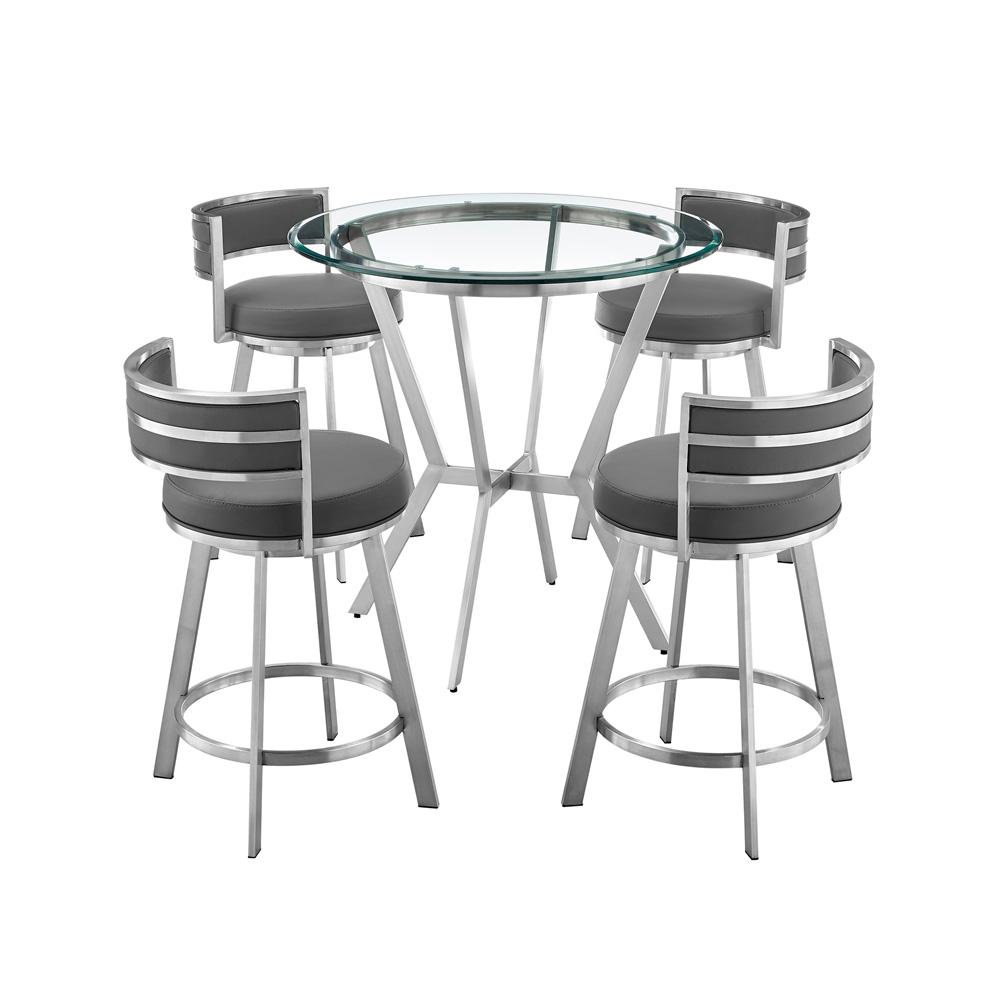 Armen Living - Naomi and Roman 5-Piece Counter Height Dining Set in Brushed Stainless Steel and Grey Faux Leather - SETNMRMGRBS5 veiw 1