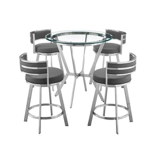 Armen Living - Naomi and Roman 5-Piece Counter Height Dining Set in Brushed Stainless Steel and Grey Faux Leather - SETNMRMGRBS5 veiw 1