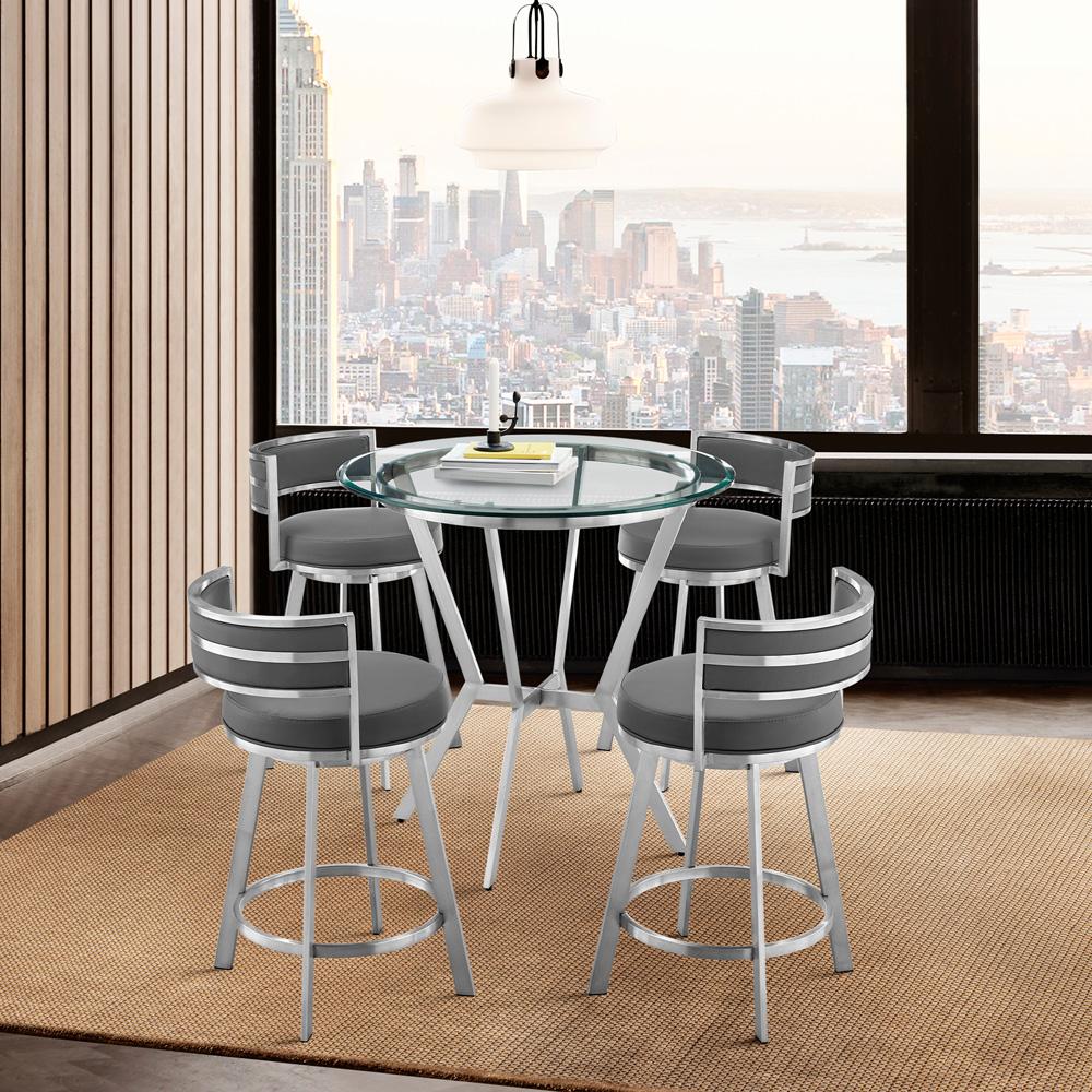 Armen Living - Naomi and Roman 5-Piece Counter Height Dining Set in Brushed Stainless Steel and Grey Faux Leather - SETNMRMGRBS5 veiw 9