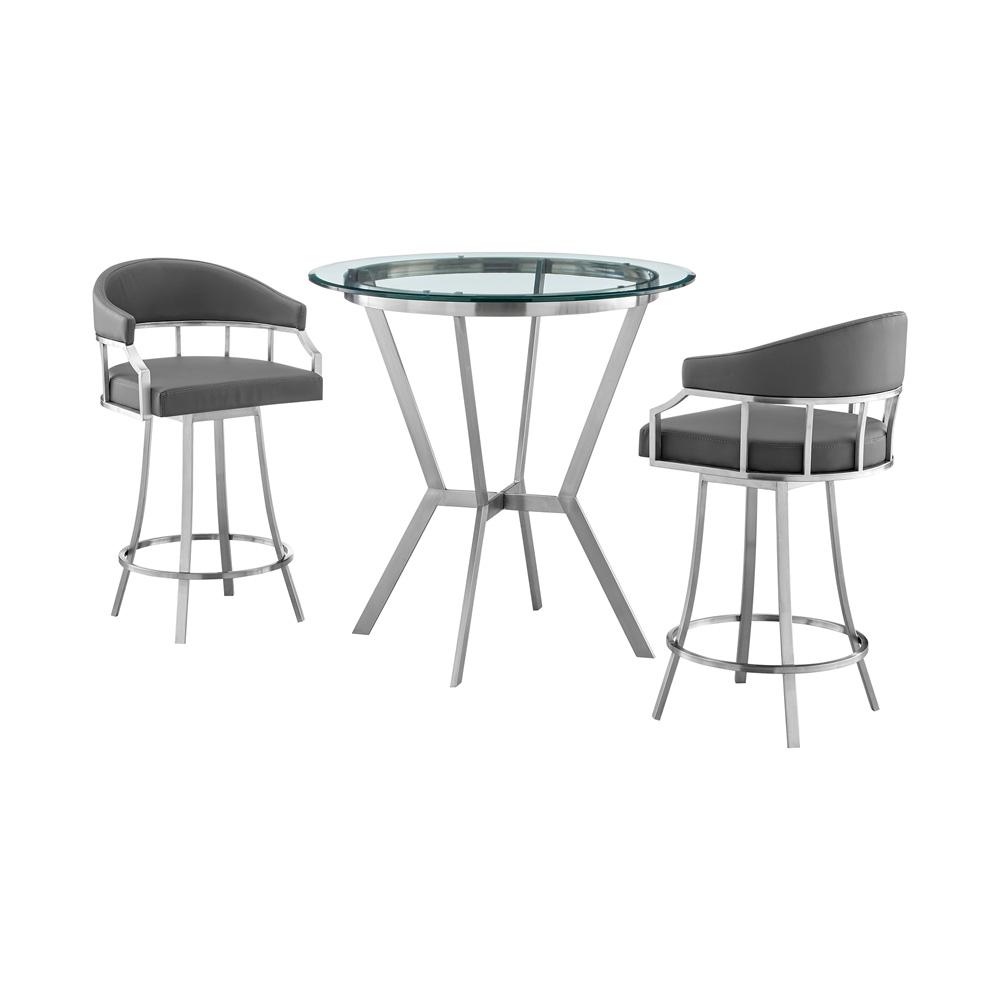 Armen Living - Naomi and Valerie 3-Piece Counter Height Dining Set in Brushed Stainless Steel and Grey Faux Leather - SETNMVLGRBS3 veiw 1