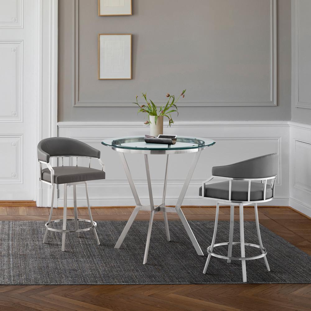 Armen Living - Naomi and Valerie 3-Piece Counter Height Dining Set in Brushed Stainless Steel and Grey Faux Leather - SETNMVLGRBS3 veiw 9