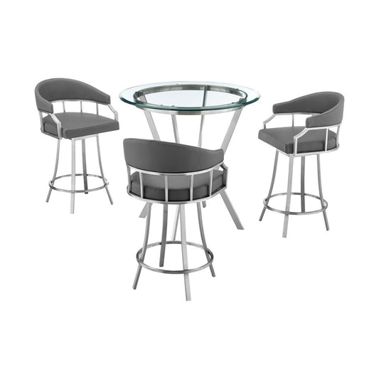 Armen Living - Naomi and Valerie 4-Piece Counter Height Dining Set in Brushed Stainless Steel and Grey Faux Leather - SETNMVLGRBS4 veiw 1