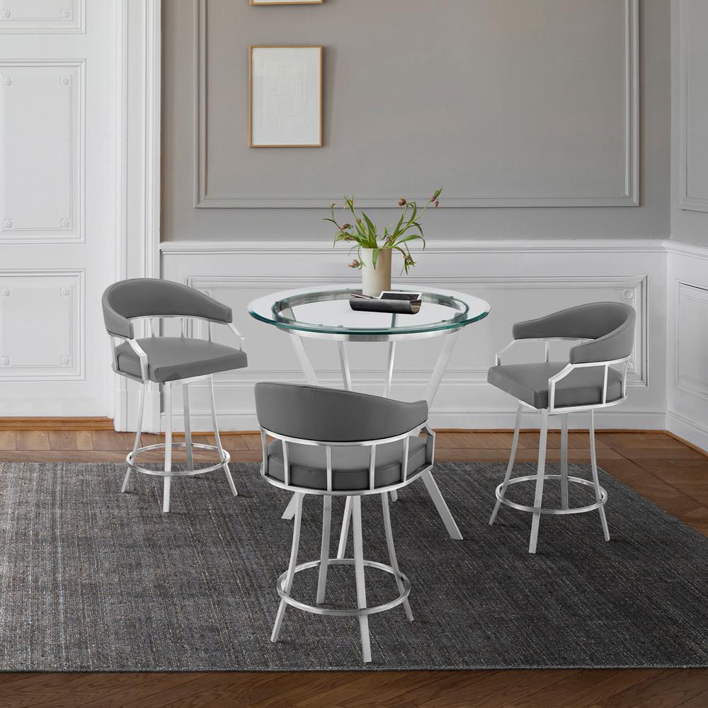 Armen Living - Naomi and Valerie 4-Piece Counter Height Dining Set in Brushed Stainless Steel and Grey Faux Leather - SETNMVLGRBS4 veiw 9