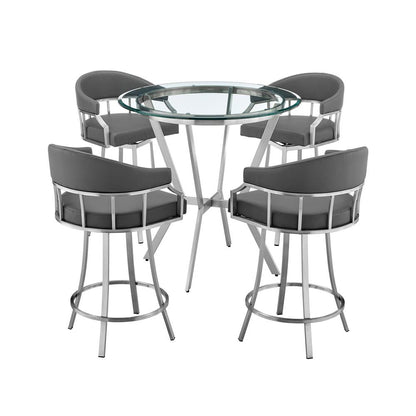 Armen Living - Naomi and Valerie 5-Piece Counter Height Dining Set in Brushed Stainless Steel and Grey Faux Leather - SETNMVLGRBS5 veiw 1