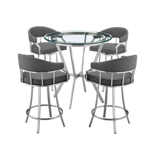 Armen Living - Naomi and Valerie 5-Piece Counter Height Dining Set in Brushed Stainless Steel and Grey Faux Leather - SETNMVLGRBS5 veiw 1