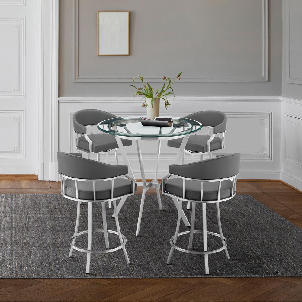 Armen Living - Naomi and Valerie 5-Piece Counter Height Dining Set in Brushed Stainless Steel and Grey Faux Leather - SETNMVLGRBS5 veiw 9