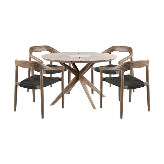 Armen Living - Oasis Santo Outdoor Patio 5 Piece Round Dining Set in Eucalyptus Wood and Charcoal Rope - SETODOASA5LT veiw 1