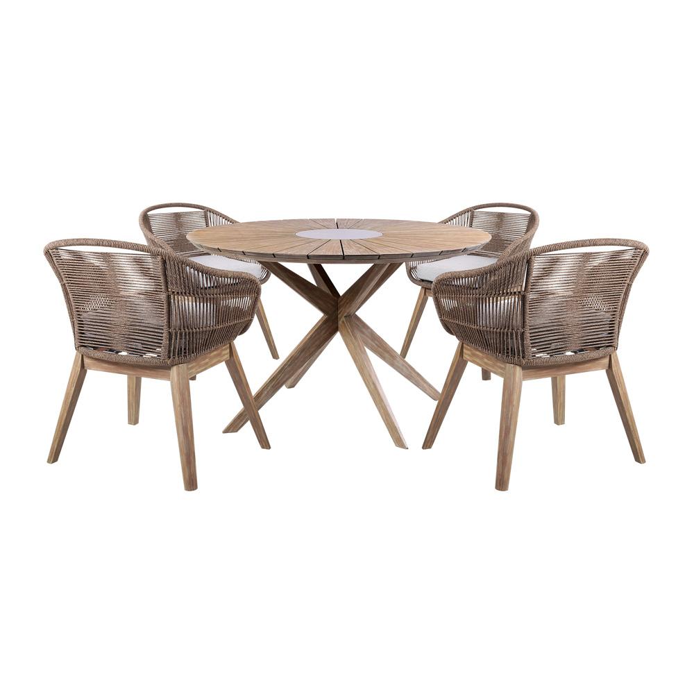 Armen Living - Oasis Tutti Frutti Outdoor Patio 5 Piece Round Dining Set in Eucalyptus Wood with Truffle Rope and Gray Cushions - SETODOATFTRU veiw 1