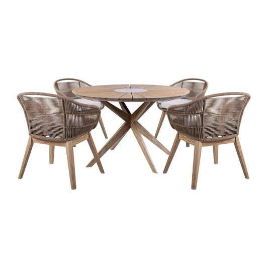 Armen Living - Oasis Tutti Frutti Outdoor Patio 5 Piece Round Dining Set in Eucalyptus Wood with Truffle Rope and Gray Cushions - SETODOATFTRU veiw 1