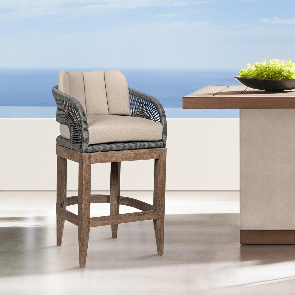 Armen Living - Orbit Outdoor Patio 26in Counter Stool in Weathered Eucalyptus Wood with Gray Rope and Taupe Olefin Cushions - LCORBAEUCTP26 veiw 8