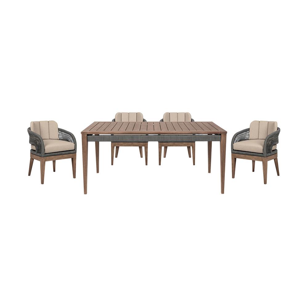 Armen Living - Orbit Outdoor Patio 5 Piece Dining Set in Weathered Eucalyptus Wood with Gray Rope and Taupe Olefin Cushions - SETORDI5EUCTP veiw 2