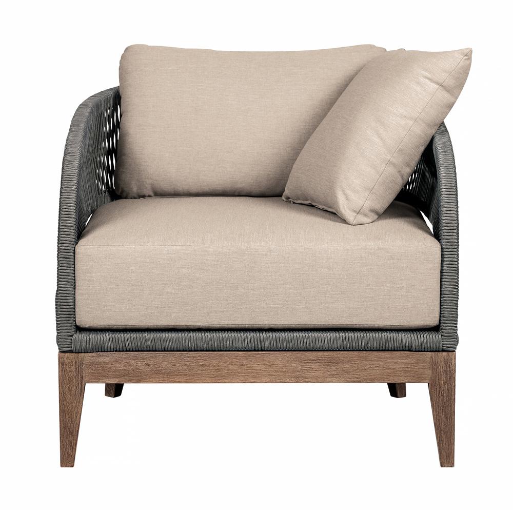 Armen Living - Orbit Outdoor Patio Chair in Weathered Eucalyptus Wood with Gray Rope and Taupe Olefin Cushions - LCORCHEUCTP veiw 2