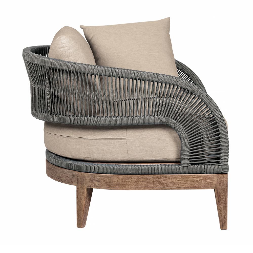 Armen Living - Orbit Outdoor Patio Chair in Weathered Eucalyptus Wood with Gray Rope and Taupe Olefin Cushions - LCORCHEUCTP veiw 3
