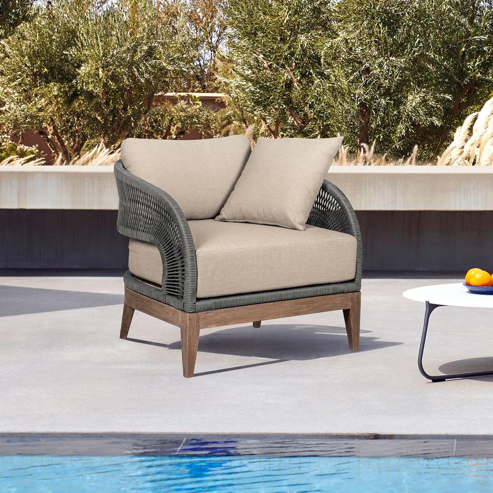 Armen Living - Orbit Outdoor Patio Chair in Weathered Eucalyptus Wood with Gray Rope and Taupe Olefin Cushions - LCORCHEUCTP veiw 8