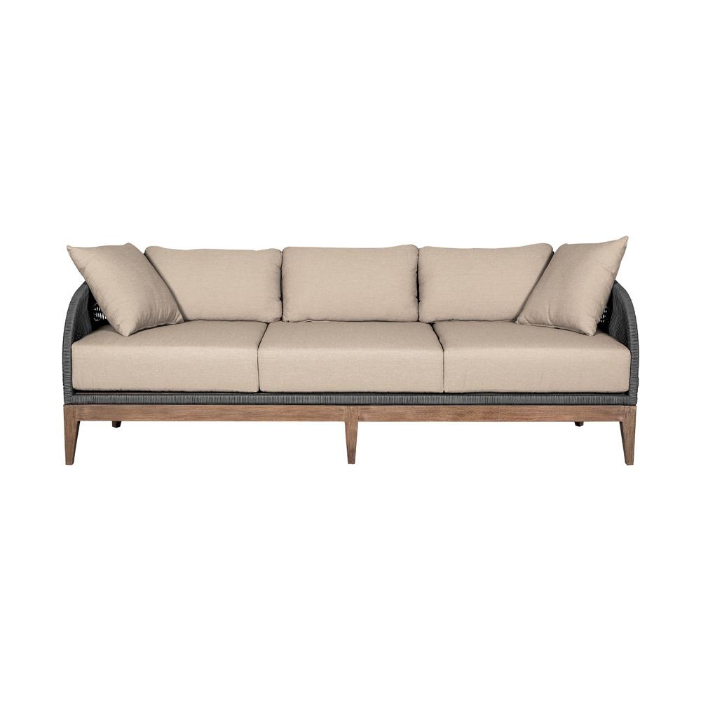 Armen Living - Orbit Outdoor Patio Sofa in Weathered Eucalyptus Wood with Gray Rope and Taupe Olefin Cushions - LCORSOEUCTP veiw 1