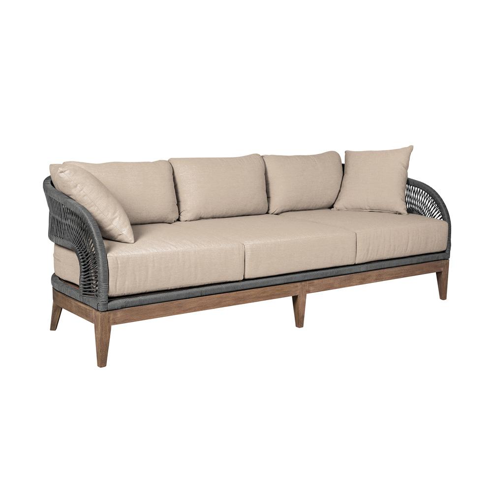 Armen Living - Orbit Outdoor Patio Sofa in Weathered Eucalyptus Wood with Gray Rope and Taupe Olefin Cushions - LCORSOEUCTP veiw 2