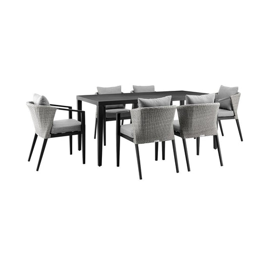 Armen Living - Palma Outdoor Patio 7-Piece Dining Table Set in Aluminum and Wicker with Gray Cushions - SETODDIBL veiw 1