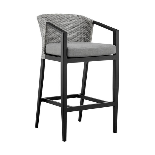 Armen Living - Palma Outdoor Patio Bar Stool in Aluminum and Wicker with Gray Cushions - LCPFBAGR30 veiw 1