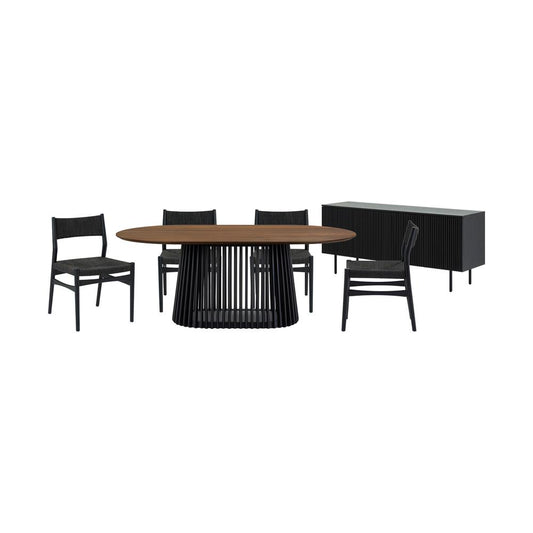 Armen Living - Pasadena Erie 6 Piece Oval Dining Set with Buffet and Paper Cord Chairs in Black Finish with Walnut Finish Table Top - SETPAWAL6ERBLK veiw 1