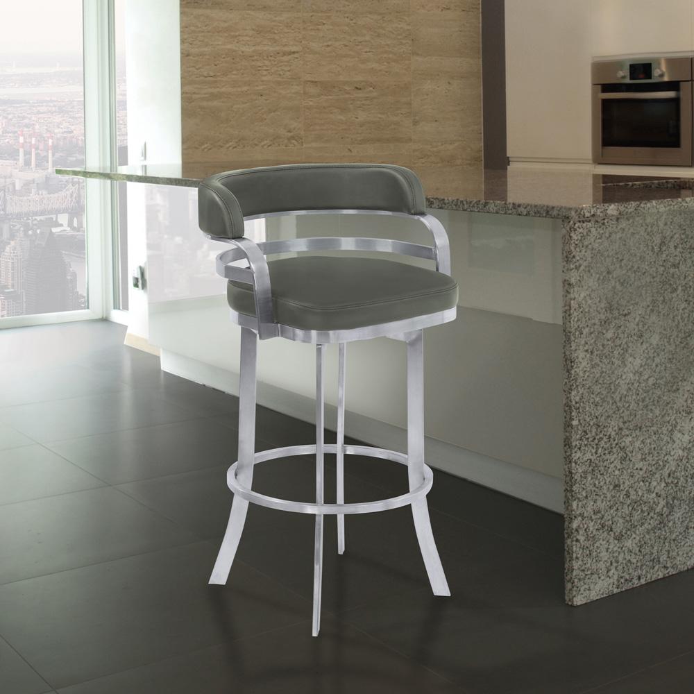 Armen Living  - Prinz 26in Counter Height Swivel Grey Faux Leather and Brushed Stainless Steel Bar Stool - LCPRBAGRBS26 veiw 7