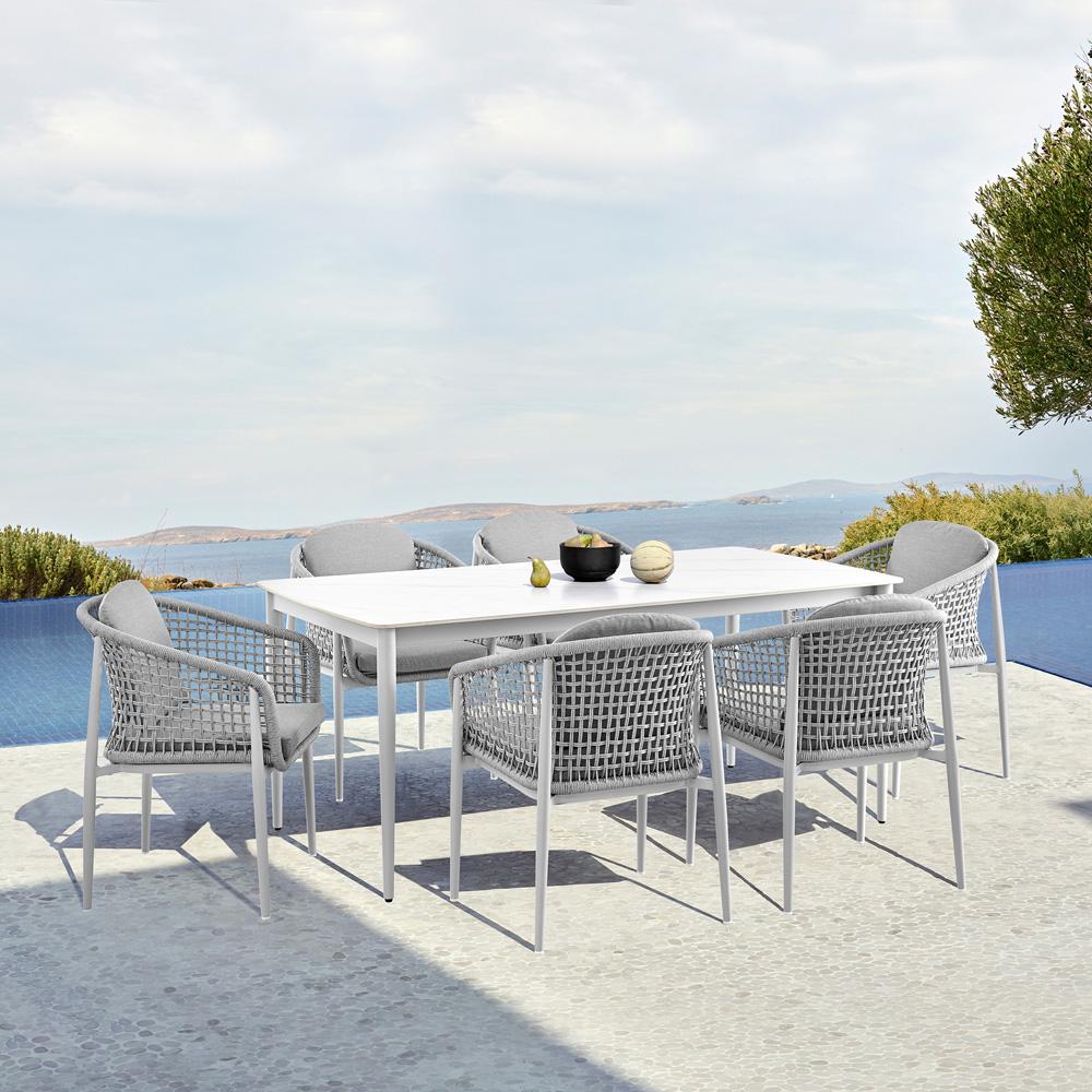 Armen Living - Rhodes Outdoor Patio 7 Piece Dining Set in Aluminum with Sintered Stone and Gray Cushions - SETODRH7GRY veiw 8