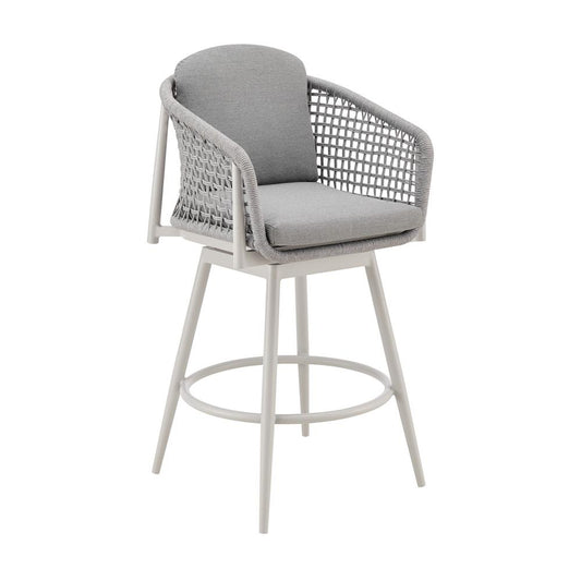 Armen Living - Rhodes Outdoor Patio Swivel Bar Stool in Aluminum with Light Gray Rope and Cushions - LCRHBALGRY30 veiw 1