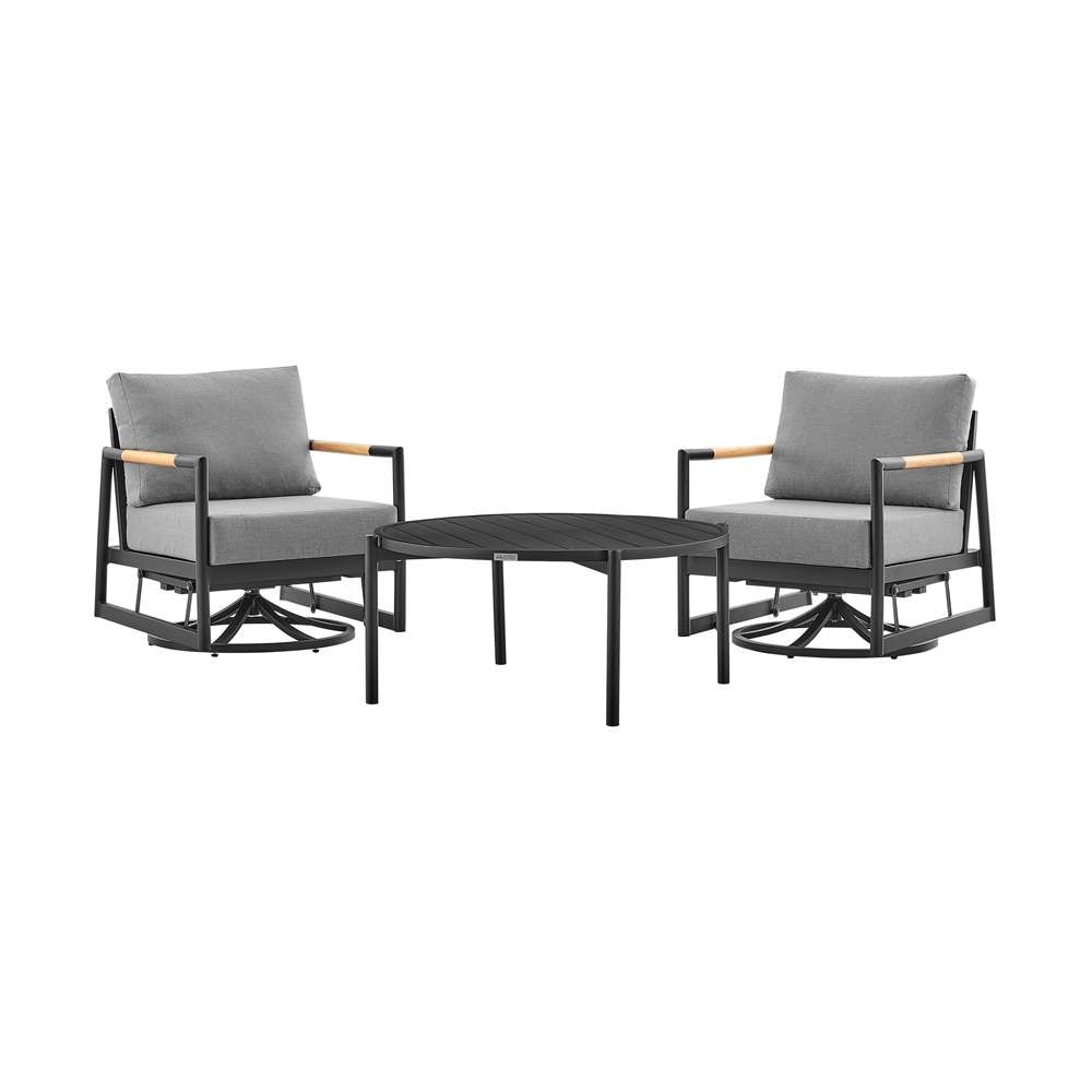 Armen Living - Royal and Tiffany 3 Piece Outdoor Patio Swivel Seating Set in Black Aluminum with Teak Wood and Grey Cushions - 840254332614 - CLOSEOUT veiw 1