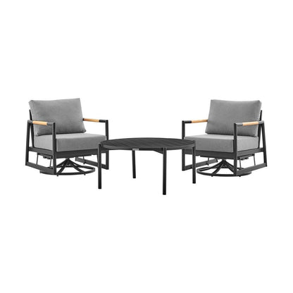 Armen Living - Royal and Tiffany 3 Piece Outdoor Patio Swivel Seating Set in Black Aluminum with Teak Wood and Grey Cushions - 840254332614 - CLOSEOUT veiw 1