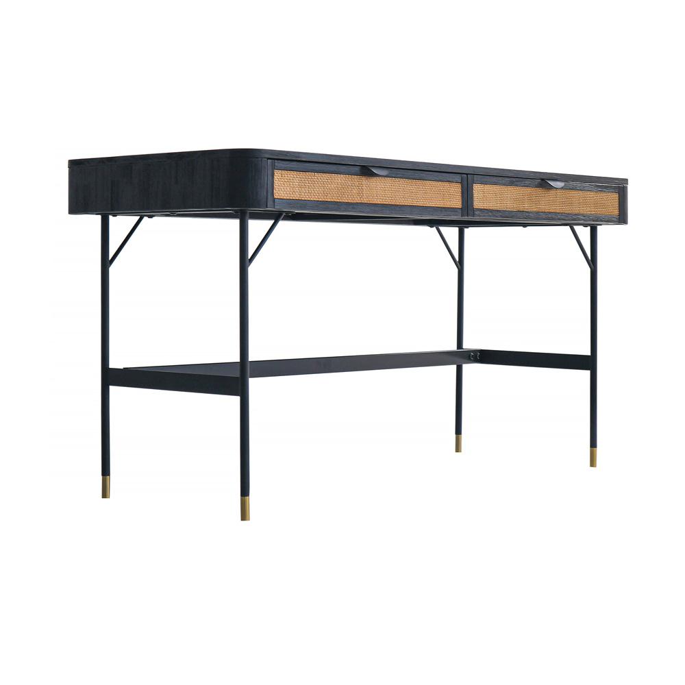 Armen Living - Saratoga 2 Drawer Desk in Black Acacia with Rattan - LCSRDEBL veiw 2