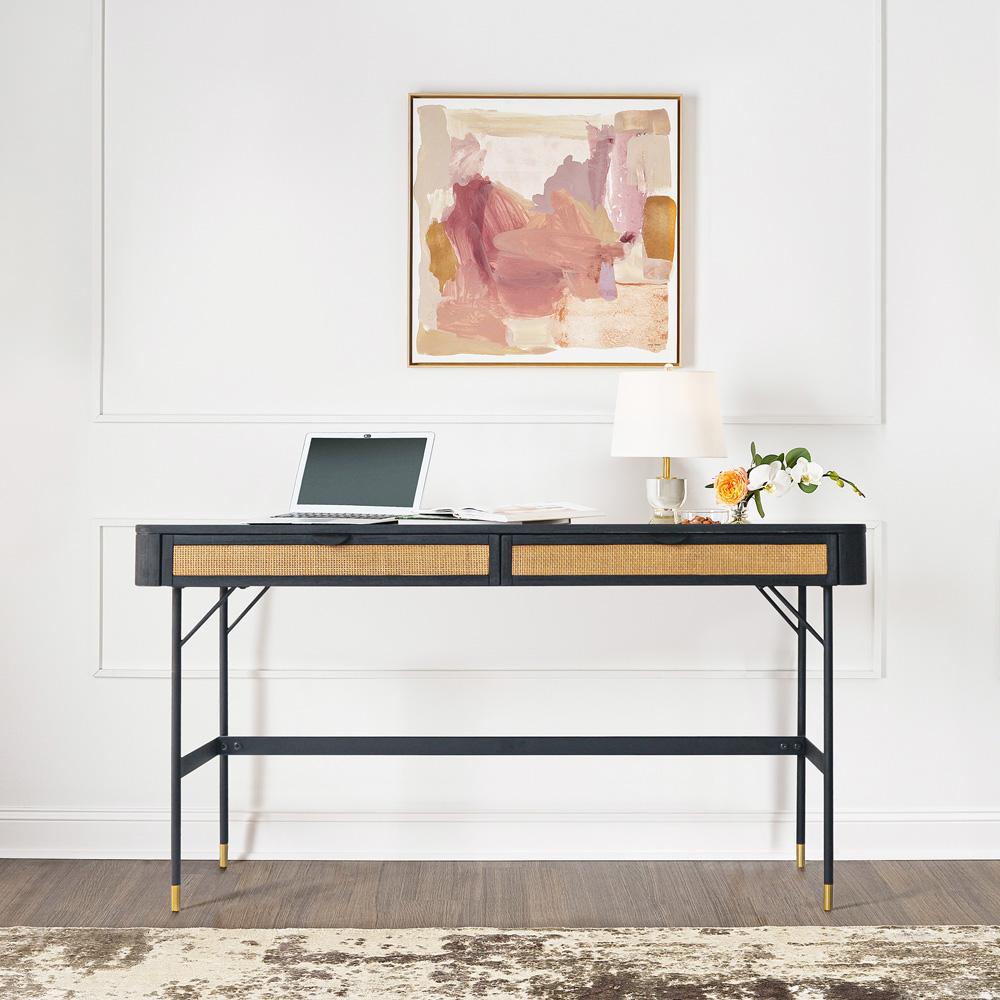 Armen Living - Saratoga 2 Drawer Desk in Black Acacia with Rattan - LCSRDEBL veiw 6