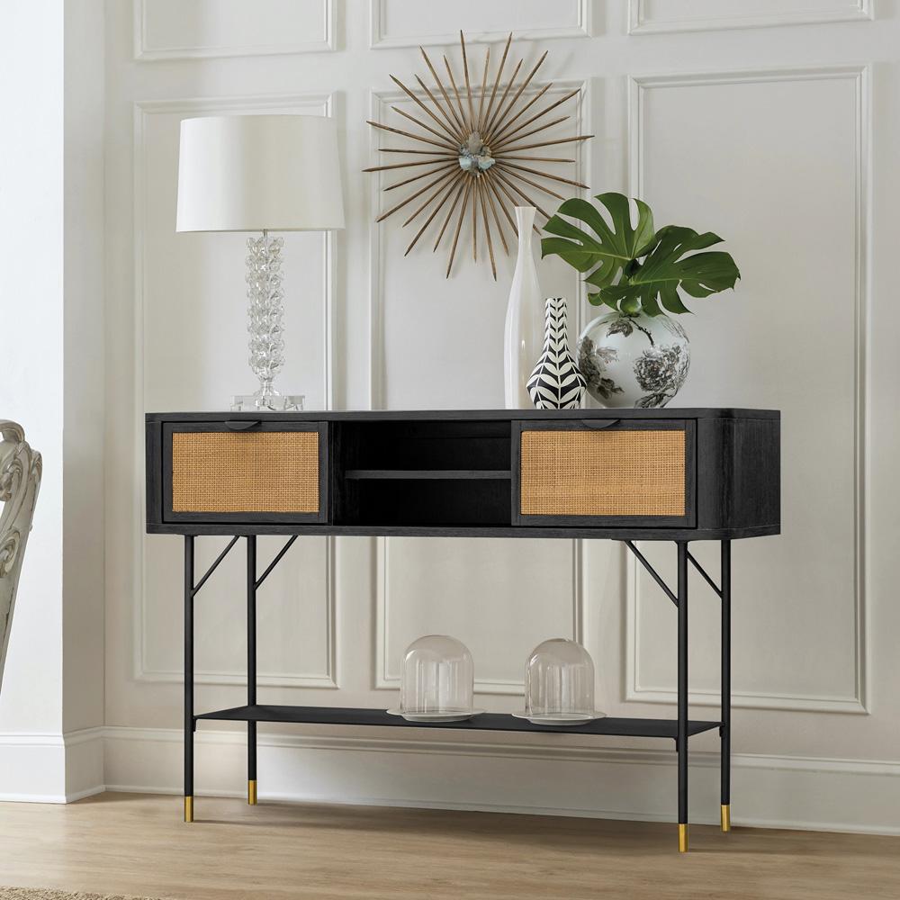 Armen Living - Saratoga Console Table in Black Acacia with Rattan - LCSRCNBL veiw 6