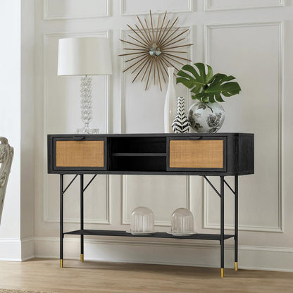 Armen Living - Saratoga Console Table in Black Acacia with Rattan - LCSRCNBL veiw 6