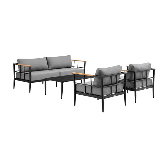 Armen Living - Shari Outdoor Patio 4-Piece Lounge Set in Aluminum with Teak Wood and Grey Cushions - 840254333079 - CLOSEOUT veiw 1